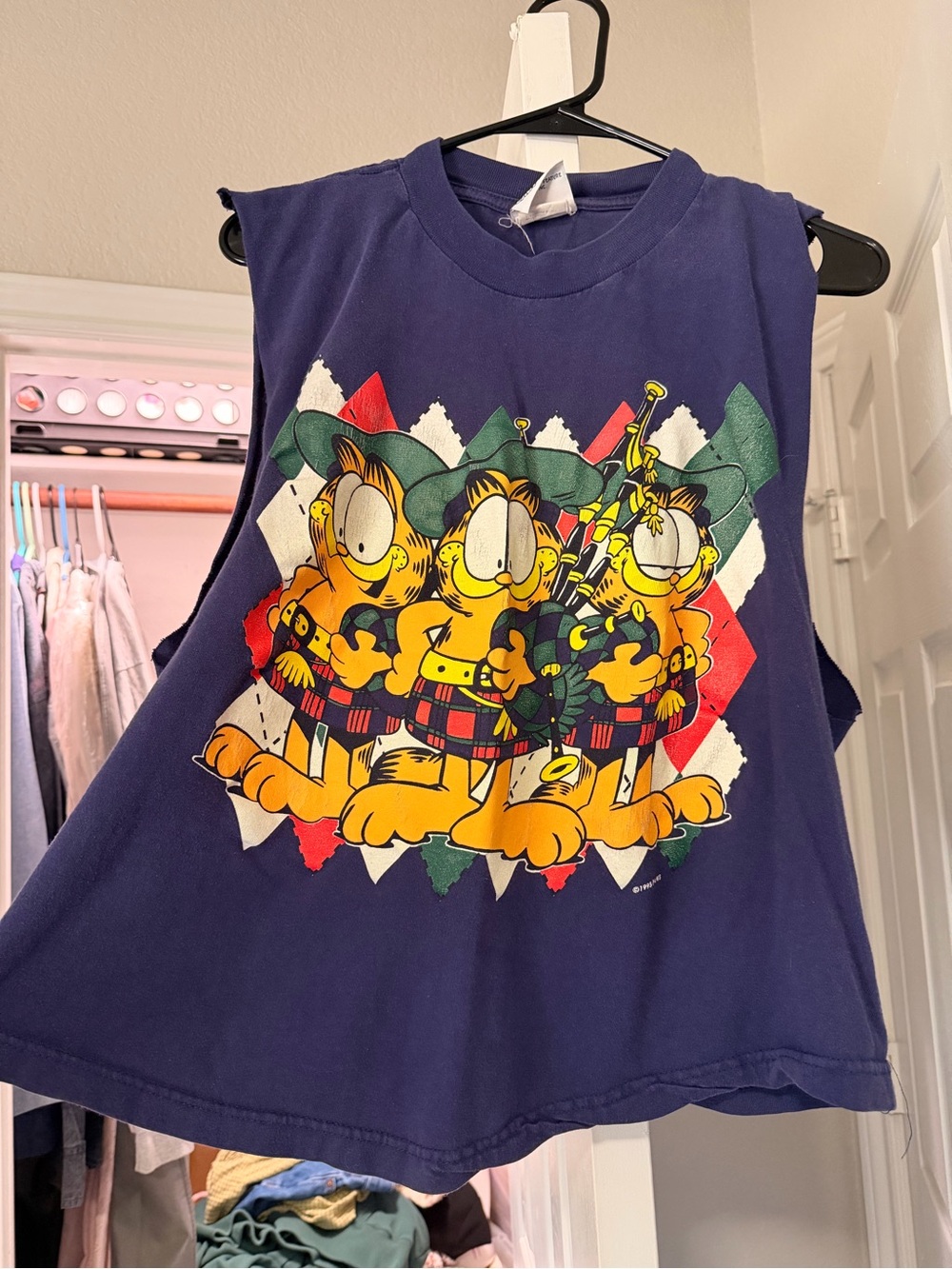 Navy Graphic Garfield Tank Top with Red & Green Accents
